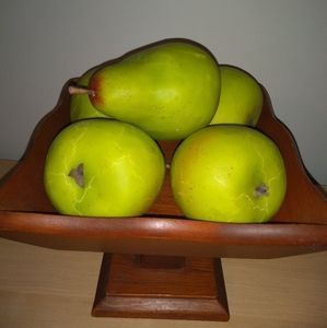 Wood brown pedestal dish with 5 faux green pears